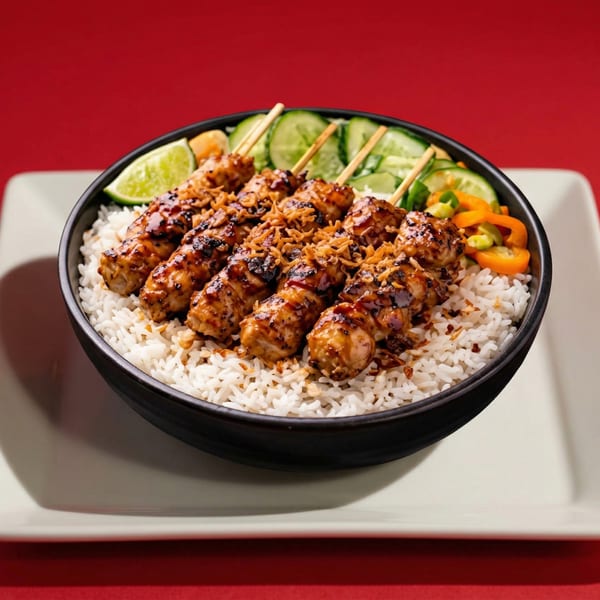 Chicken satay skewers with rice, lime, cucumbers, and peppers in a black bowl.