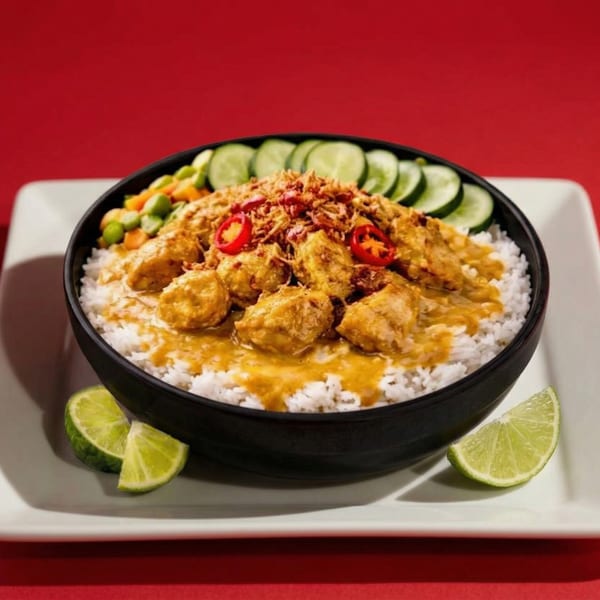 Chicken curry with rice, cucumbers, mixed vegetables, and lime wedges on a white plate.