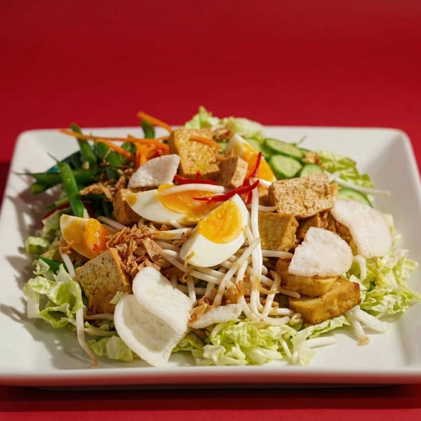 Colorful salad with tofu, hard-boiled eggs, bean sprouts, and shrimp crackers on a white plate.